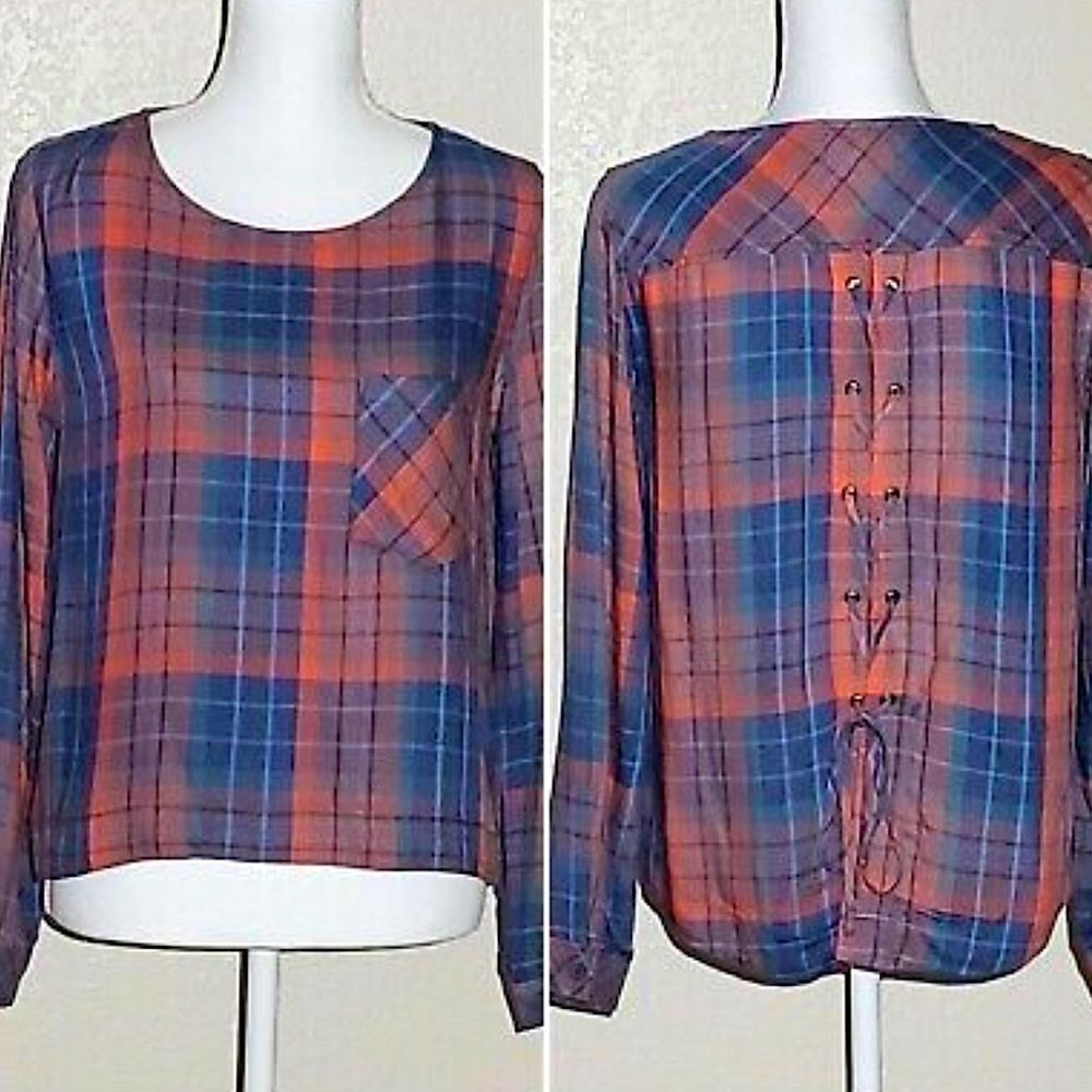Anthropologie Cloth & Stone Long Sleeve Plaid Tie Back Top Blouse